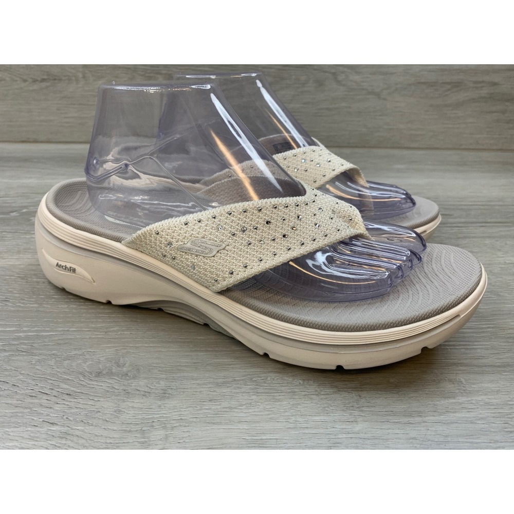 Skechers Arch Fit Go Walk Sandals White Rhinestone Flip Flops Women's 10